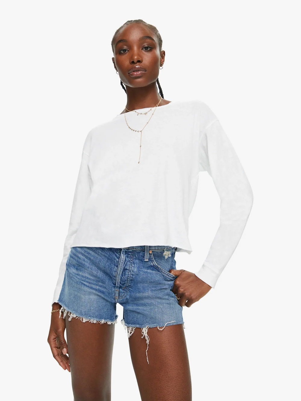 MOTHER The Long Sleeve Slouchy Cut Off Tee in Bright White Sz M